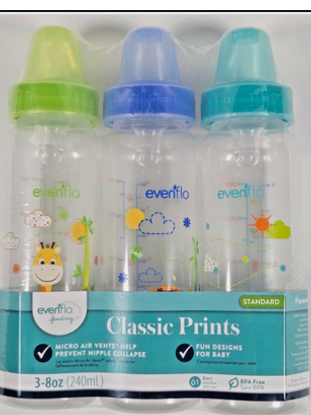 Evenflo Classic Prints Baby Bottles 8oz 3 Pack BPA Free New